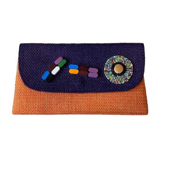Handbags - NWOT African Handmade Woven Womens Abstract Clutch Purse orange purple snap